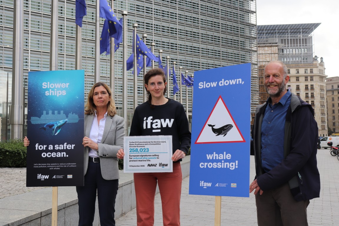 People stand in front of the Berlaymont building in Brussels with placards.